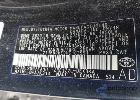 2019 Toyota Corolla L из США, поврежденный, VIN 2T1BURHE9KC183991